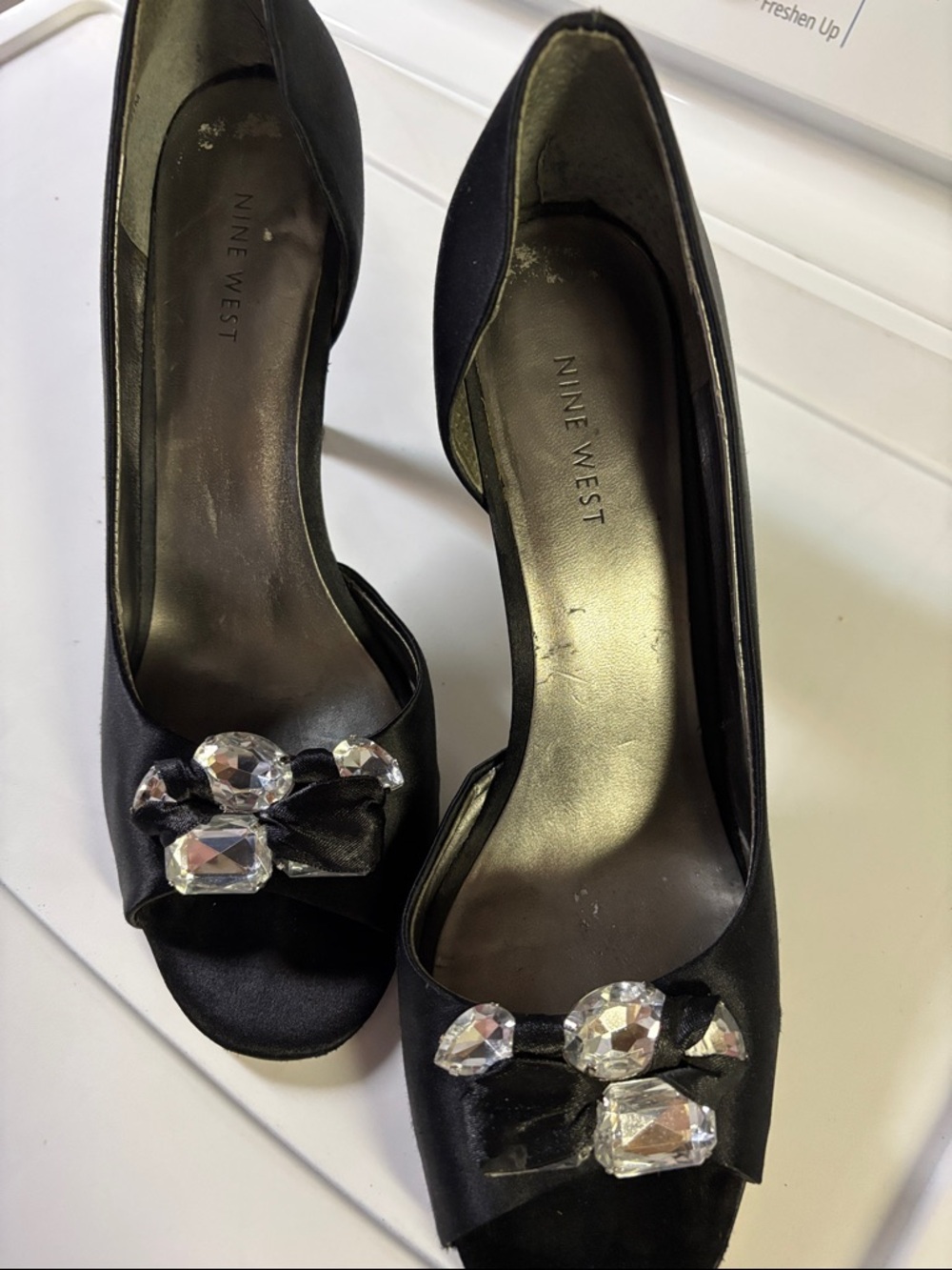 Nine West Black Satin Peep-Toe Heels with Crystal Embellishment